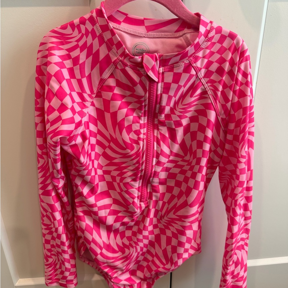 Girls Pink Swirl Zip Rash Guard swimsuit